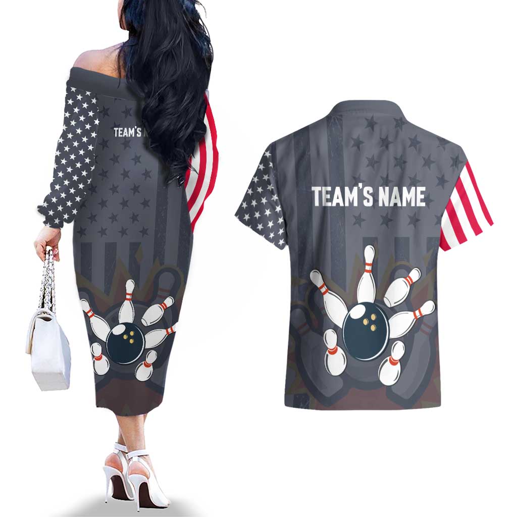 Custom Bowling Ball and Pins Couples Matching Off The Shoulder Long Sleeve Dress and Hawaiian Shirt American Flag Stars and Stripes in Grunge Patriotic - Wonder Print Shop