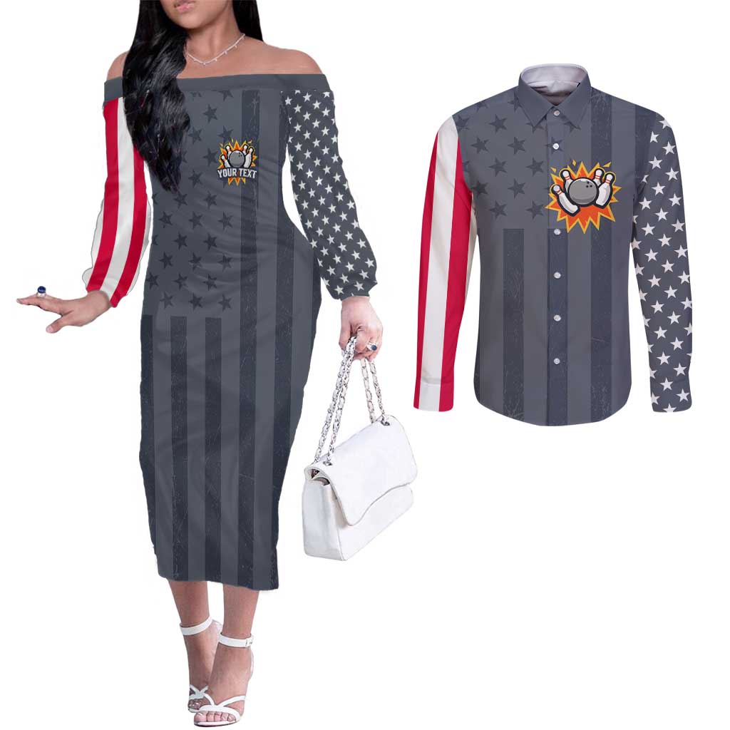 Custom Bowling Ball and Pins Couples Matching Off The Shoulder Long Sleeve Dress and Long Sleeve Button Shirt American Flag Stars and Stripes in Grunge Patriotic - Wonder Print Shop