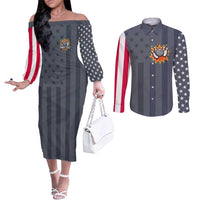 Custom Bowling Ball and Pins Couples Matching Off The Shoulder Long Sleeve Dress and Long Sleeve Button Shirt American Flag Stars and Stripes in Grunge Patriotic - Wonder Print Shop