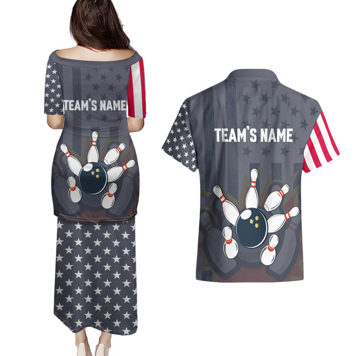 Custom Bowling Ball and Pins Couples Matching Puletasi and Hawaiian Shirt American Flag Stars and Stripes in Grunge Patriotic - Wonder Print Shop