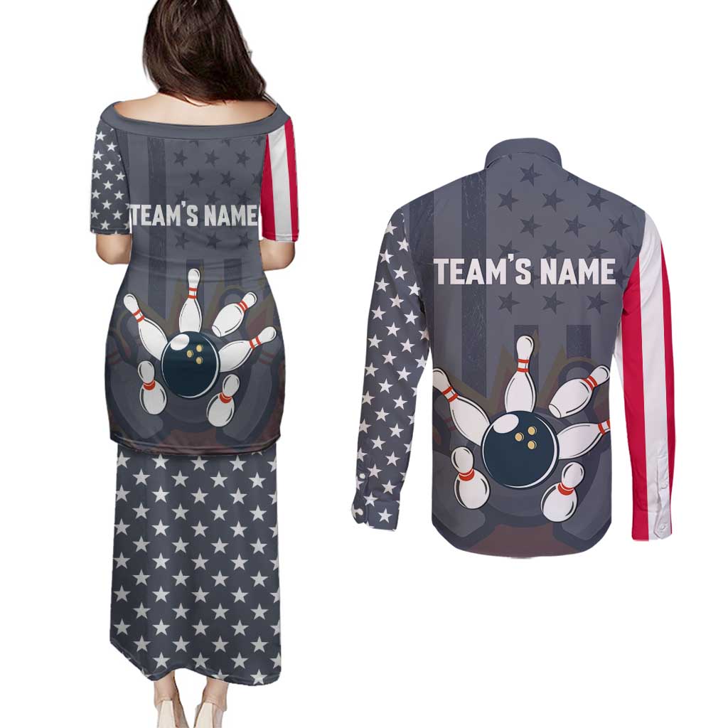 Custom Bowling Ball and Pins Couples Matching Puletasi and Long Sleeve Button Shirt American Flag Stars and Stripes in Grunge Patriotic - Wonder Print Shop