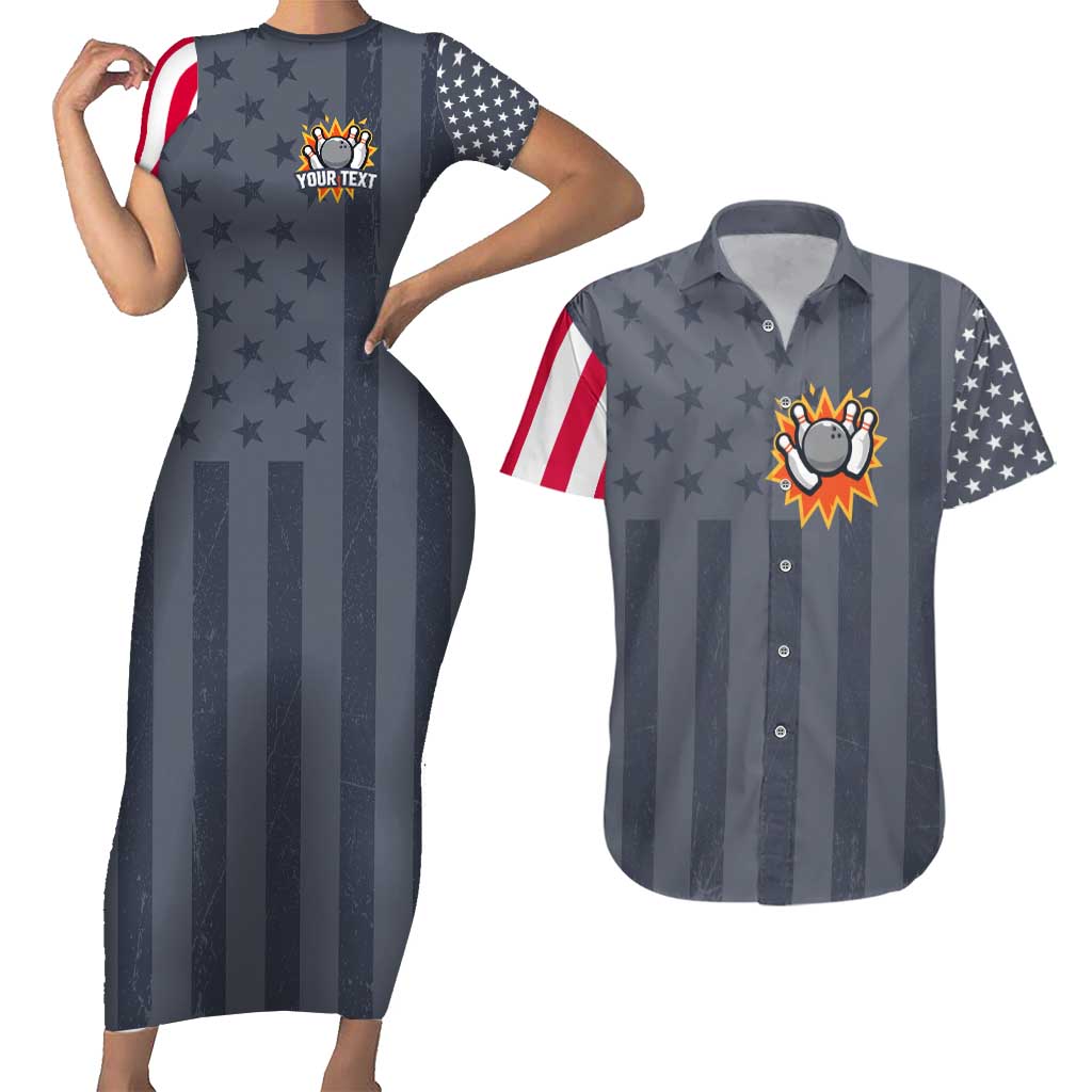 Custom Bowling Ball and Pins Couples Matching Short Sleeve Bodycon Dress and Hawaiian Shirt American Flag Stars and Stripes in Grunge Patriotic - Wonder Print Shop