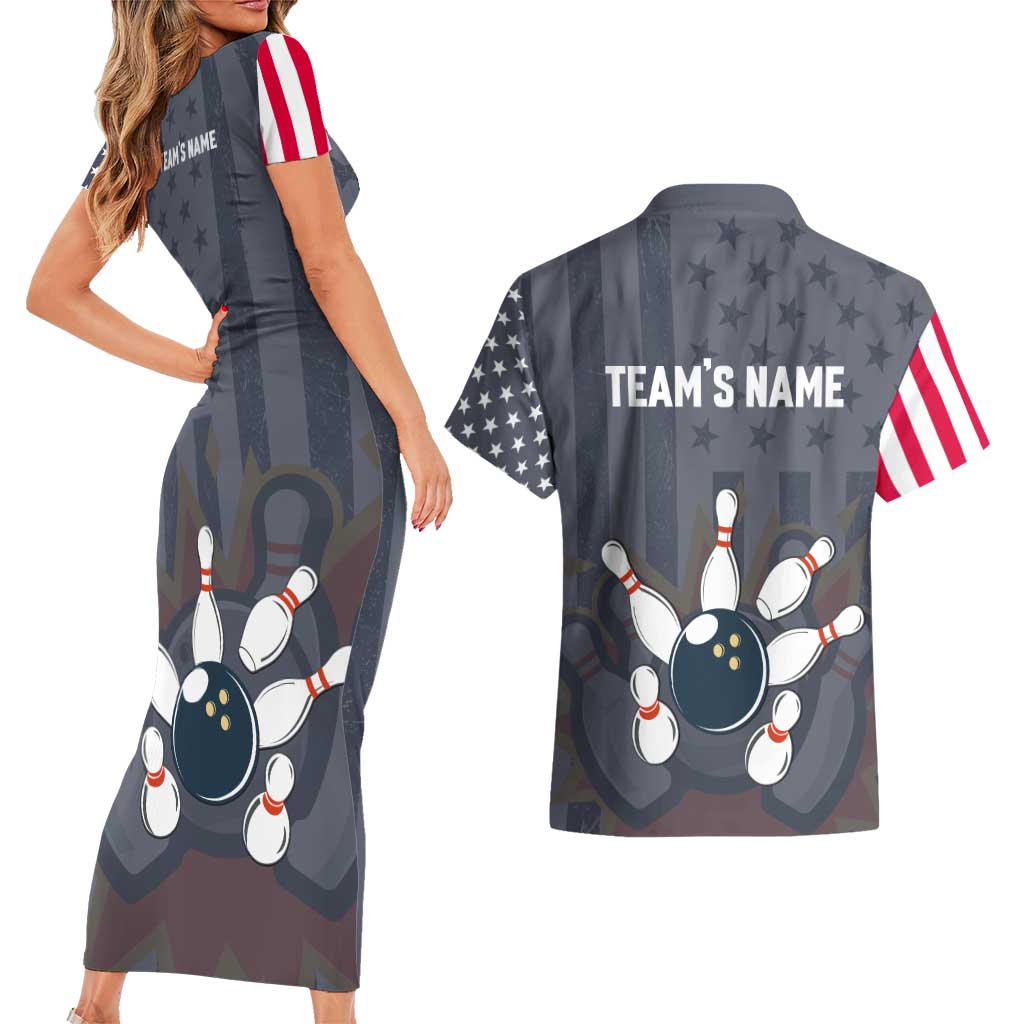 Custom Bowling Ball and Pins Couples Matching Short Sleeve Bodycon Dress and Hawaiian Shirt American Flag Stars and Stripes in Grunge Patriotic - Wonder Print Shop