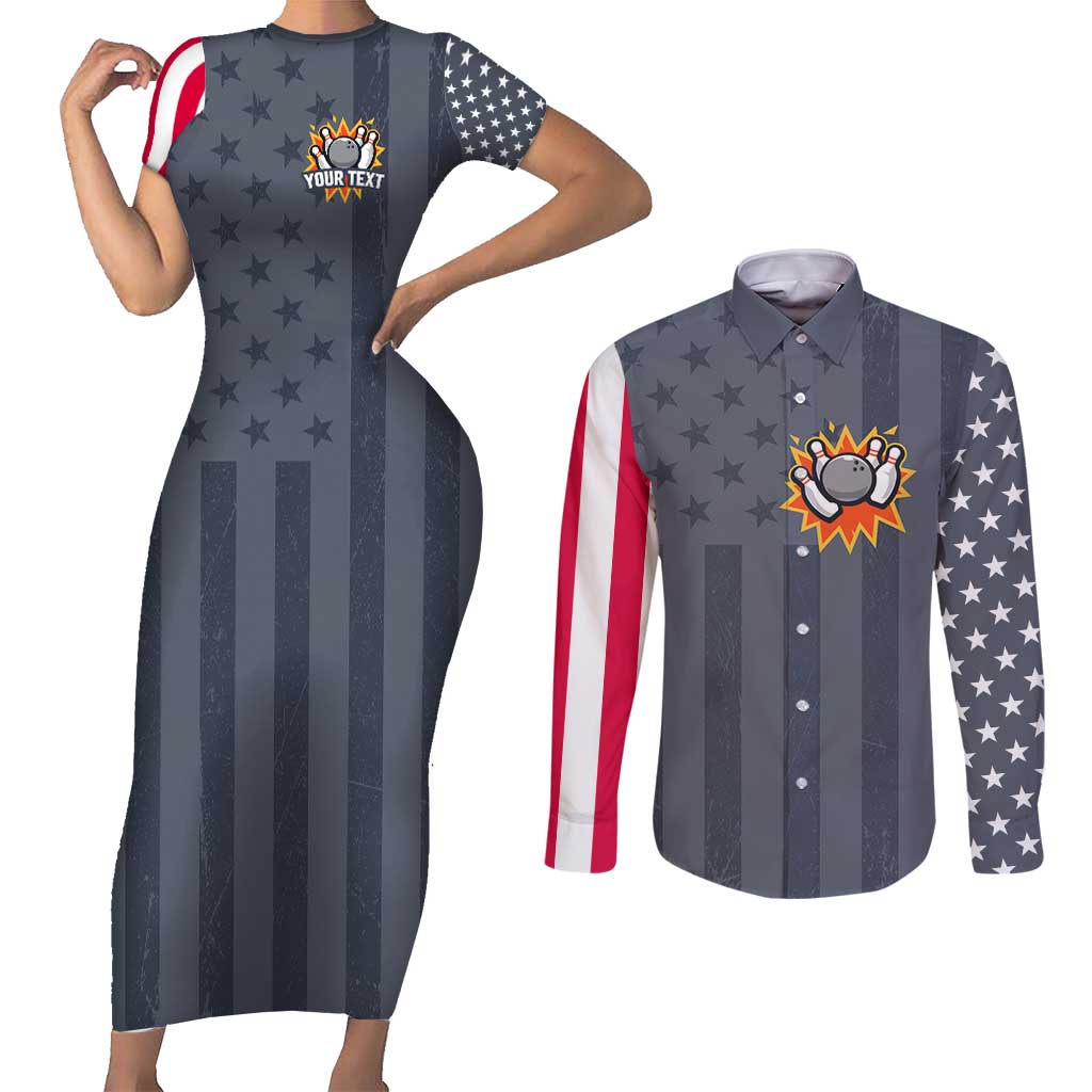 Custom Bowling Ball and Pins Couples Matching Short Sleeve Bodycon Dress and Long Sleeve Button Shirt American Flag Stars and Stripes in Grunge Patriotic - Wonder Print Shop