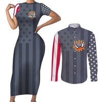 Custom Bowling Ball and Pins Couples Matching Short Sleeve Bodycon Dress and Long Sleeve Button Shirt American Flag Stars and Stripes in Grunge Patriotic - Wonder Print Shop