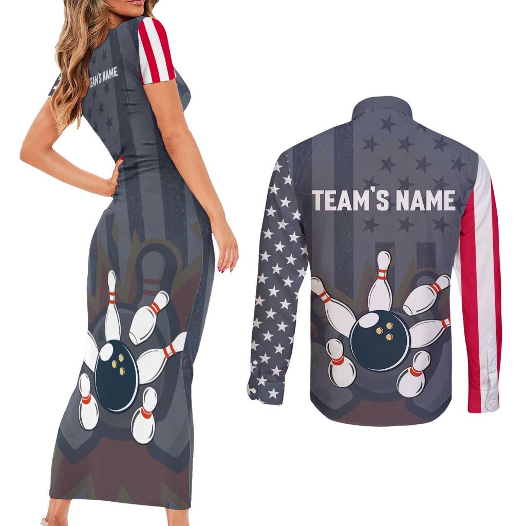 Custom Bowling Ball and Pins Couples Matching Short Sleeve Bodycon Dress and Long Sleeve Button Shirt American Flag Stars and Stripes in Grunge Patriotic - Wonder Print Shop