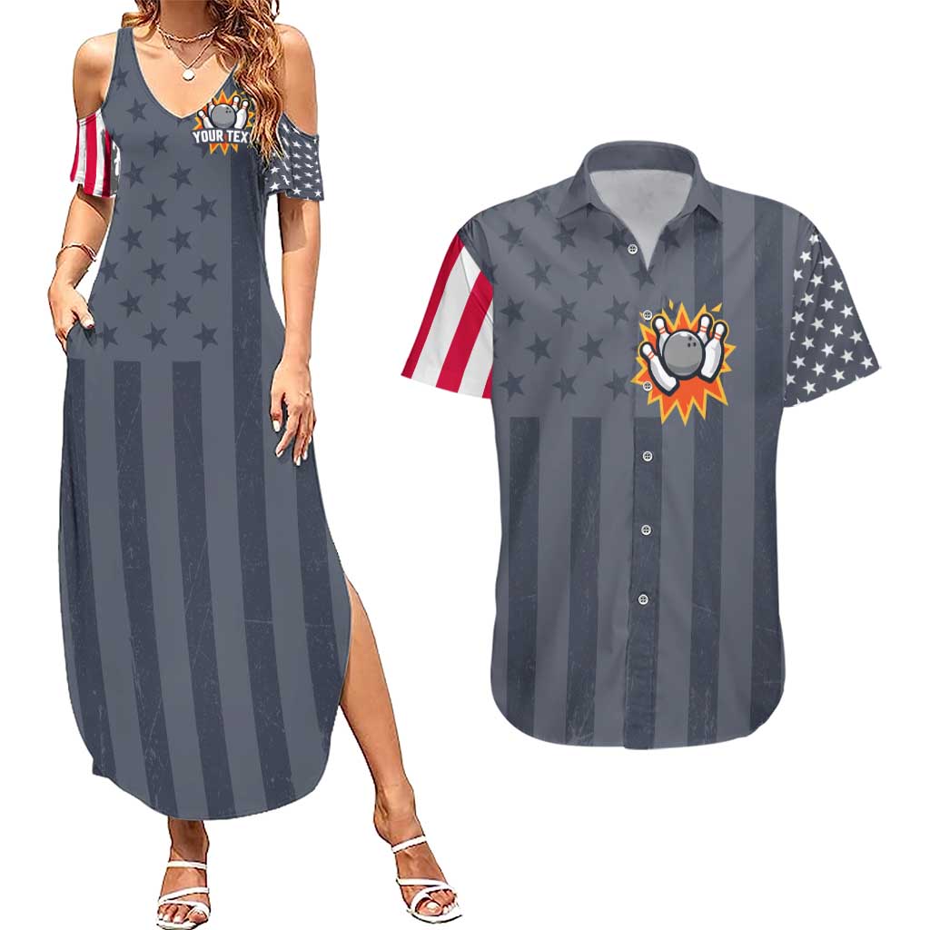 Custom Bowling Ball and Pins Couples Matching Summer Maxi Dress and Hawaiian Shirt American Flag Stars and Stripes in Grunge Patriotic - Wonder Print Shop