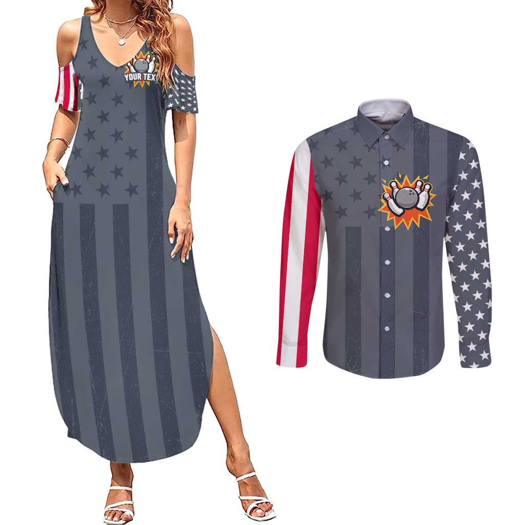 Custom Bowling Ball and Pins Couples Matching Summer Maxi Dress and Long Sleeve Button Shirt American Flag Stars and Stripes in Grunge Patriotic - Wonder Print Shop