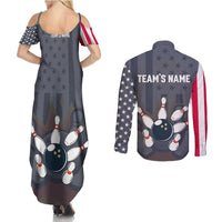 Custom Bowling Ball and Pins Couples Matching Summer Maxi Dress and Long Sleeve Button Shirt American Flag Stars and Stripes in Grunge Patriotic - Wonder Print Shop