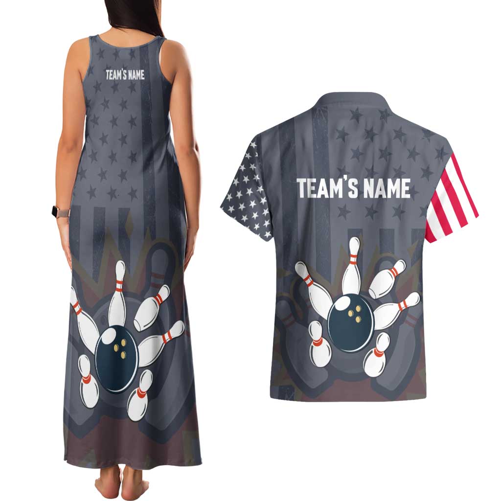 Custom Bowling Ball and Pins Couples Matching Tank Maxi Dress and Hawaiian Shirt American Flag Stars and Stripes in Grunge Patriotic - Wonder Print Shop