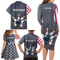 Custom Bowling Ball and Pins Family Matching Long Sleeve Bodycon Dress and Hawaiian Shirt American Flag Stars and Stripes in Grunge Patriotic - Wonder Print Shop