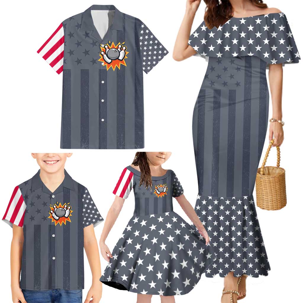 Custom Bowling Ball and Pins Family Matching Mermaid Dress and Hawaiian Shirt American Flag Stars and Stripes in Grunge Patriotic - Wonder Print Shop