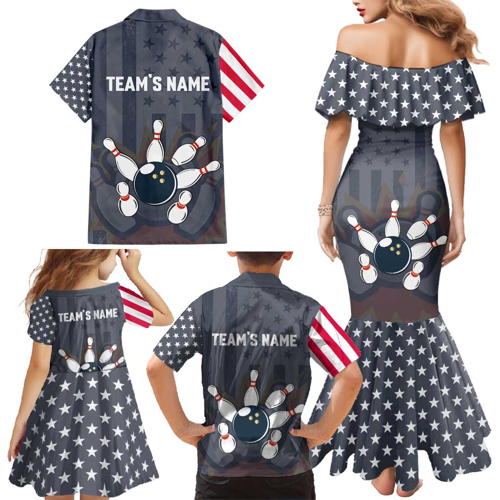 Custom Bowling Ball and Pins Family Matching Mermaid Dress and Hawaiian Shirt American Flag Stars and Stripes in Grunge Patriotic - Wonder Print Shop