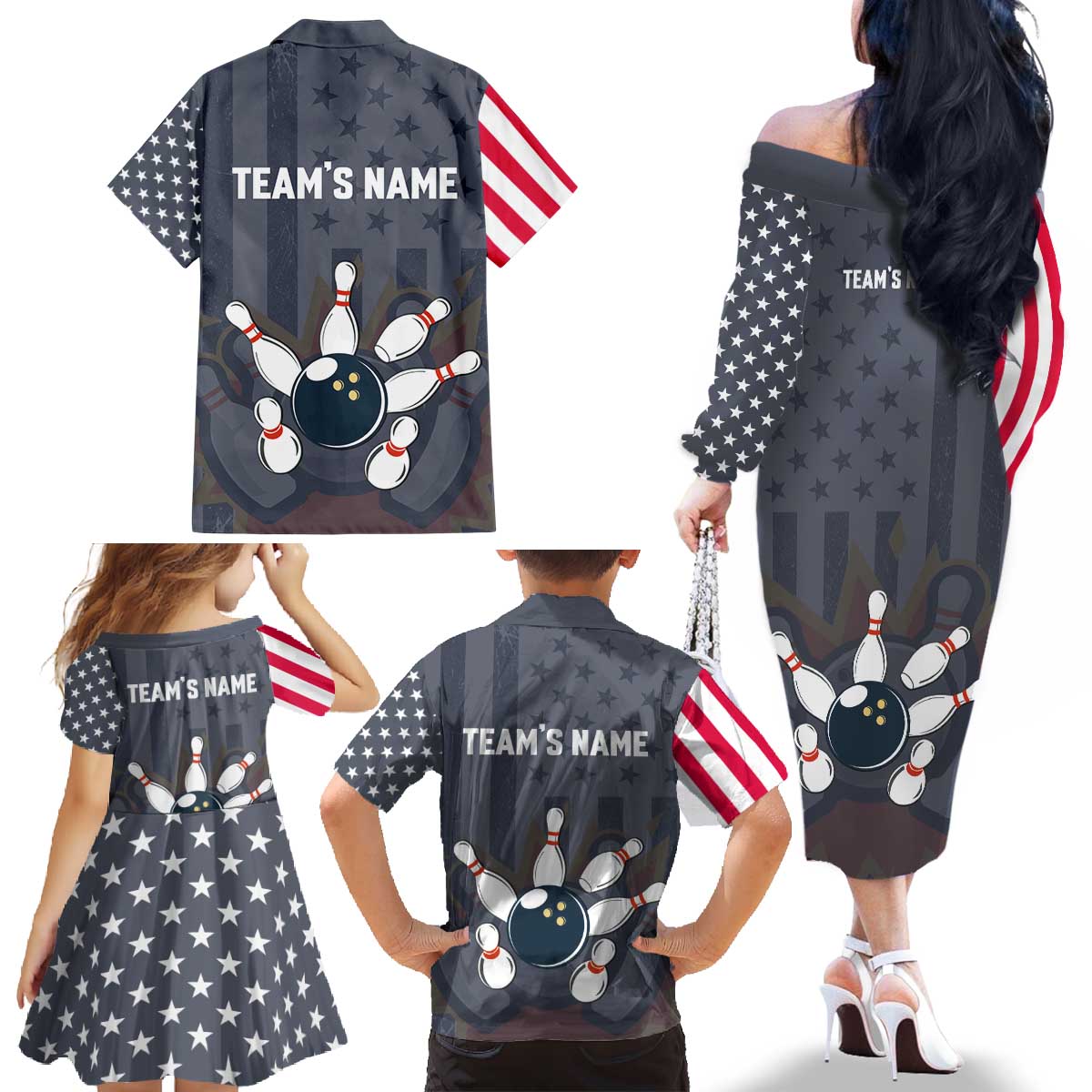 Custom Bowling Ball and Pins Family Matching Off The Shoulder Long Sleeve Dress and Hawaiian Shirt American Flag Stars and Stripes in Grunge Patriotic - Wonder Print Shop