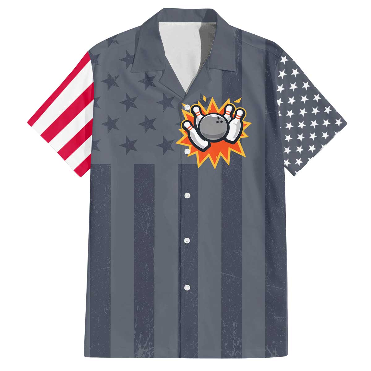Custom Bowling Ball and Pins Family Matching Off The Shoulder Long Sleeve Dress and Hawaiian Shirt American Flag Stars and Stripes in Grunge Patriotic - Wonder Print Shop