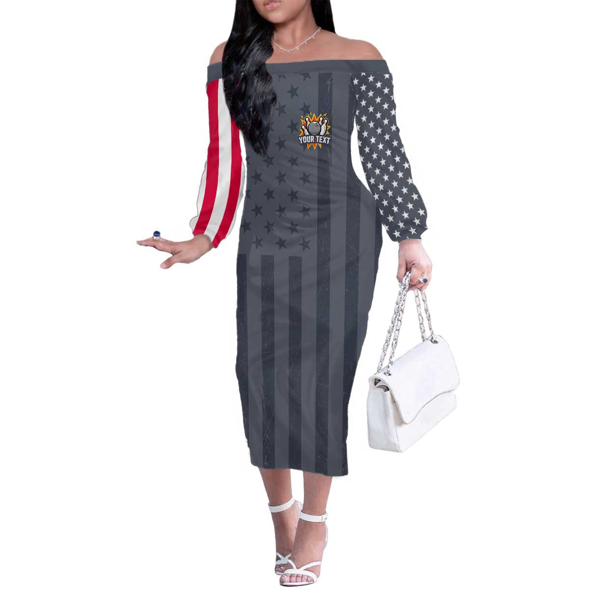 Custom Bowling Ball and Pins Family Matching Off The Shoulder Long Sleeve Dress and Hawaiian Shirt American Flag Stars and Stripes in Grunge Patriotic - Wonder Print Shop