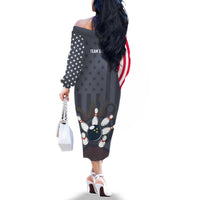 Custom Bowling Ball and Pins Family Matching Off The Shoulder Long Sleeve Dress and Hawaiian Shirt American Flag Stars and Stripes in Grunge Patriotic - Wonder Print Shop