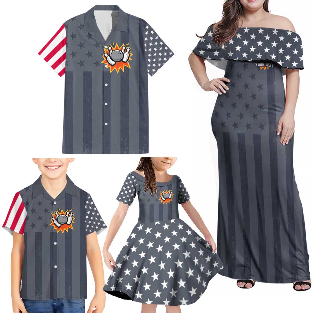 Custom Bowling Ball and Pins Family Matching Off Shoulder Maxi Dress and Hawaiian Shirt American Flag Stars and Stripes in Grunge Patriotic - Wonder Print Shop