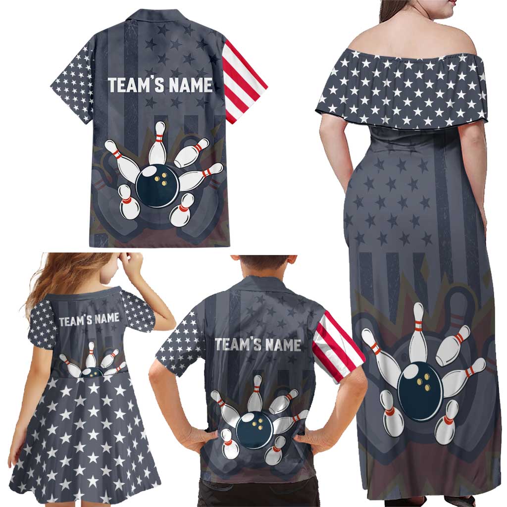 Custom Bowling Ball and Pins Family Matching Off Shoulder Maxi Dress and Hawaiian Shirt American Flag Stars and Stripes in Grunge Patriotic - Wonder Print Shop