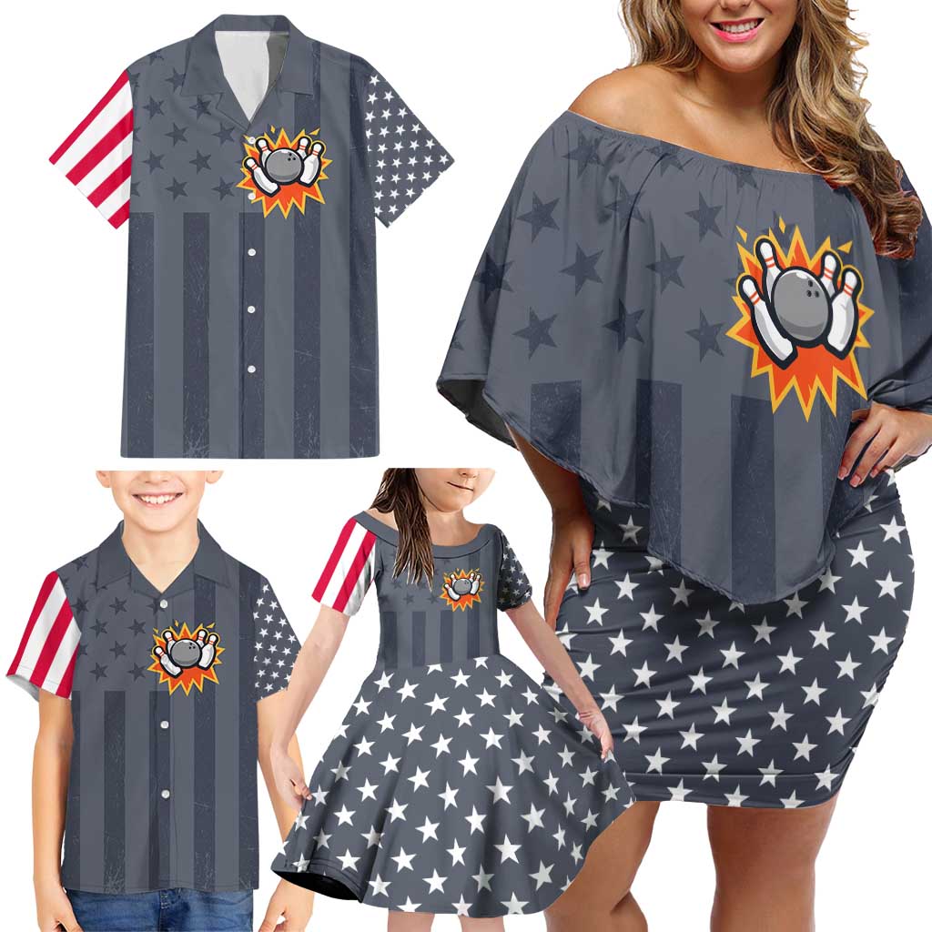 Custom Bowling Ball and Pins Family Matching Off Shoulder Short Dress and Hawaiian Shirt American Flag Stars and Stripes in Grunge Patriotic - Wonder Print Shop