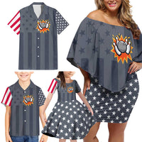 Custom Bowling Ball and Pins Family Matching Off Shoulder Short Dress and Hawaiian Shirt American Flag Stars and Stripes in Grunge Patriotic - Wonder Print Shop