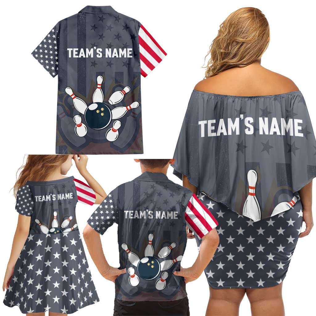 Custom Bowling Ball and Pins Family Matching Off Shoulder Short Dress and Hawaiian Shirt American Flag Stars and Stripes in Grunge Patriotic - Wonder Print Shop