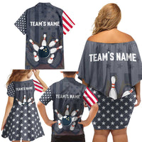 Custom Bowling Ball and Pins Family Matching Off Shoulder Short Dress and Hawaiian Shirt American Flag Stars and Stripes in Grunge Patriotic - Wonder Print Shop