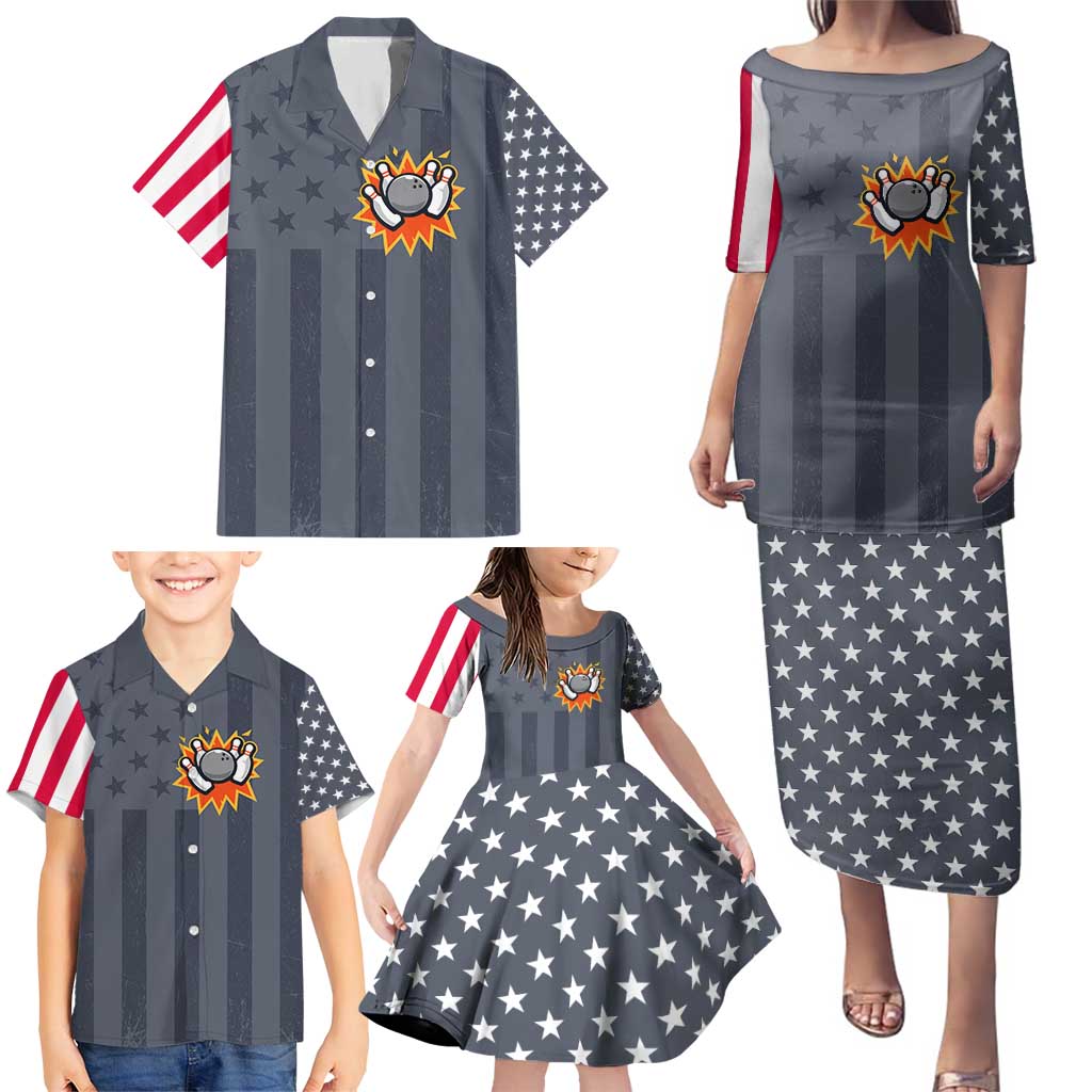 Custom Bowling Ball and Pins Family Matching Puletasi and Hawaiian Shirt American Flag Stars and Stripes in Grunge Patriotic - Wonder Print Shop