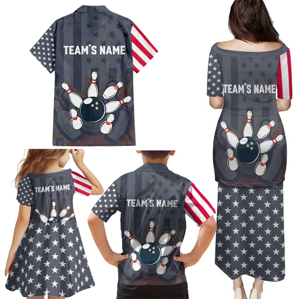 Custom Bowling Ball and Pins Family Matching Puletasi and Hawaiian Shirt American Flag Stars and Stripes in Grunge Patriotic - Wonder Print Shop