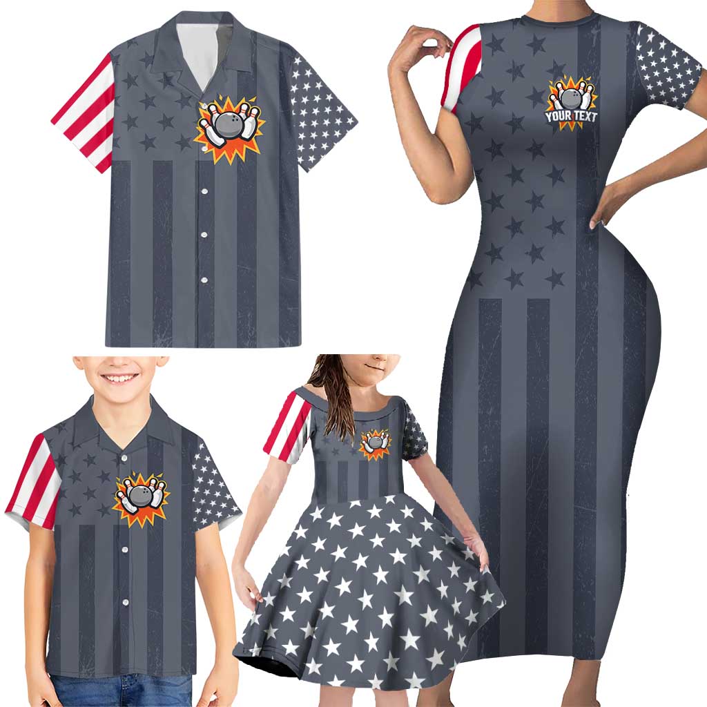 Custom Bowling Ball and Pins Family Matching Short Sleeve Bodycon Dress and Hawaiian Shirt American Flag Stars and Stripes in Grunge Patriotic - Wonder Print Shop