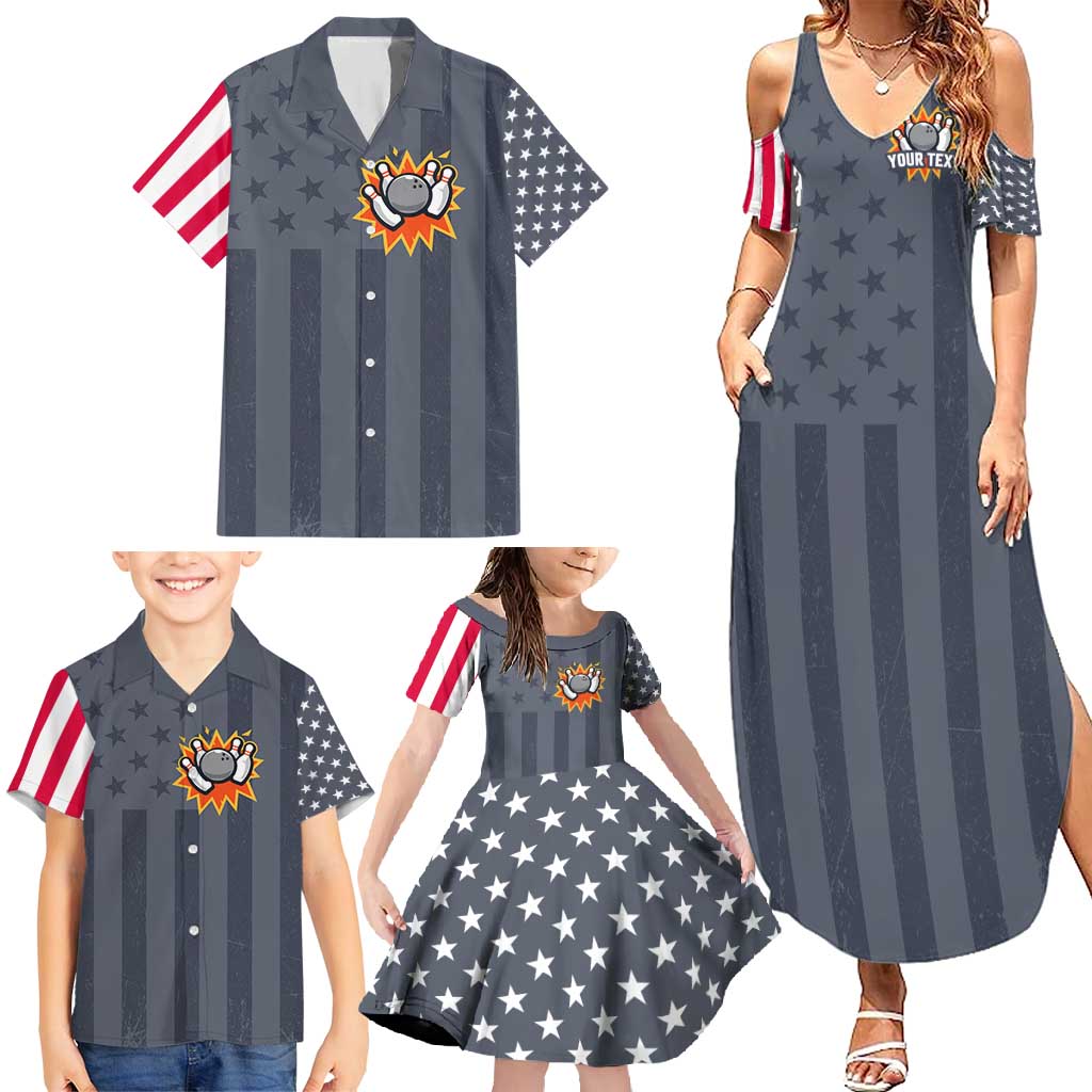 Custom Bowling Ball and Pins Family Matching Summer Maxi Dress and Hawaiian Shirt American Flag Stars and Stripes in Grunge Patriotic - Wonder Print Shop