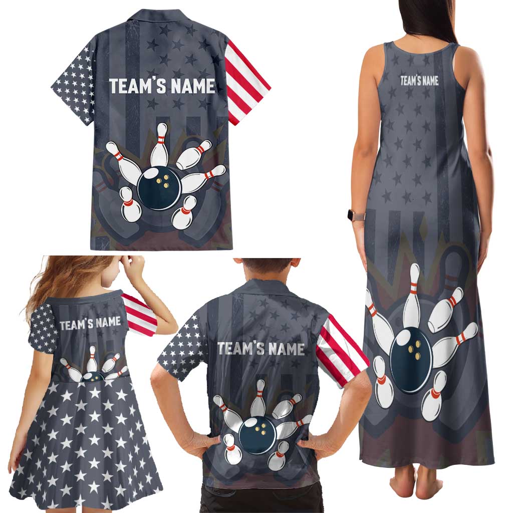 Custom Bowling Ball and Pins Family Matching Tank Maxi Dress and Hawaiian Shirt American Flag Stars and Stripes in Grunge Patriotic - Wonder Print Shop