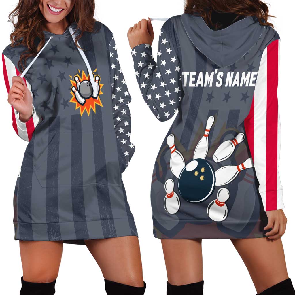Custom Bowling Ball and Pins Hoodie Dress American Flag Stars and Stripes in Grunge Patriotic - Wonder Print Shop