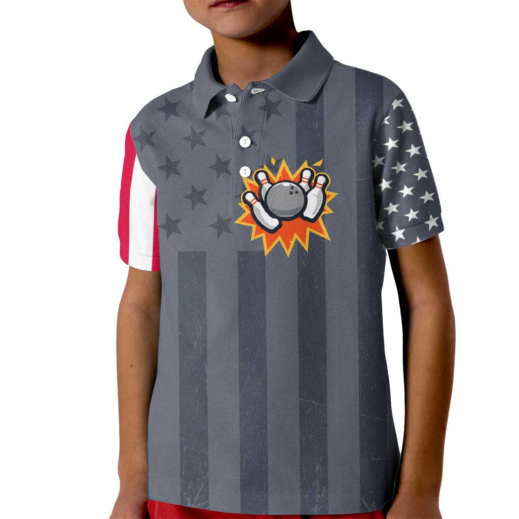 Custom Bowling Ball and Pins Kid Polo Shirt American Flag Stars and Stripes in Grunge Patriotic - Wonder Print Shop