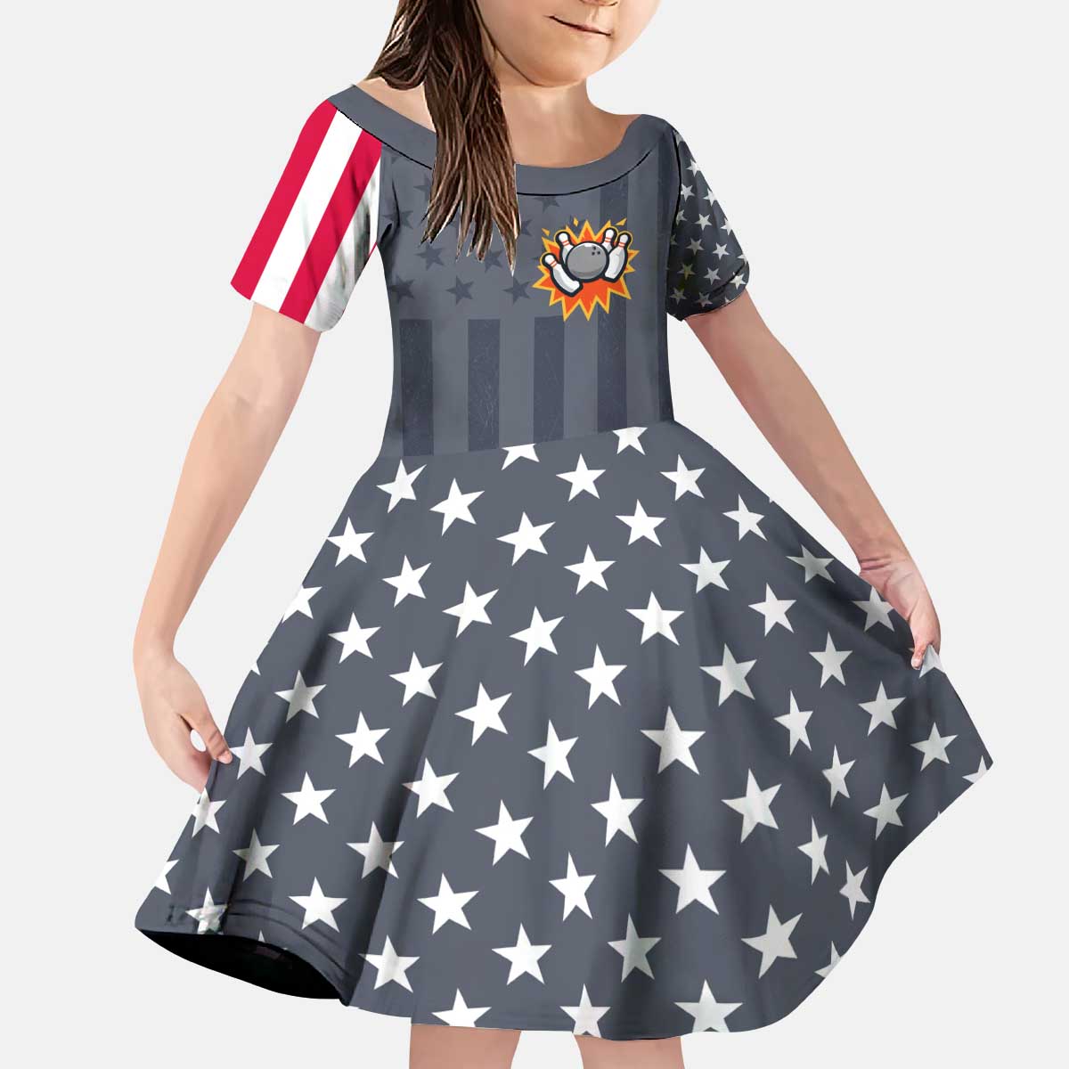 Custom Bowling Ball and Pins Kid Short Sleeve Dress American Flag Stars and Stripes in Grunge Patriotic - Wonder Print Shop