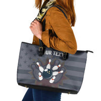 Custom Bowling Ball and Pins Leather Tote Bag American Flag Stars and Stripes in Grunge Patriotic - Wonder Print Shop