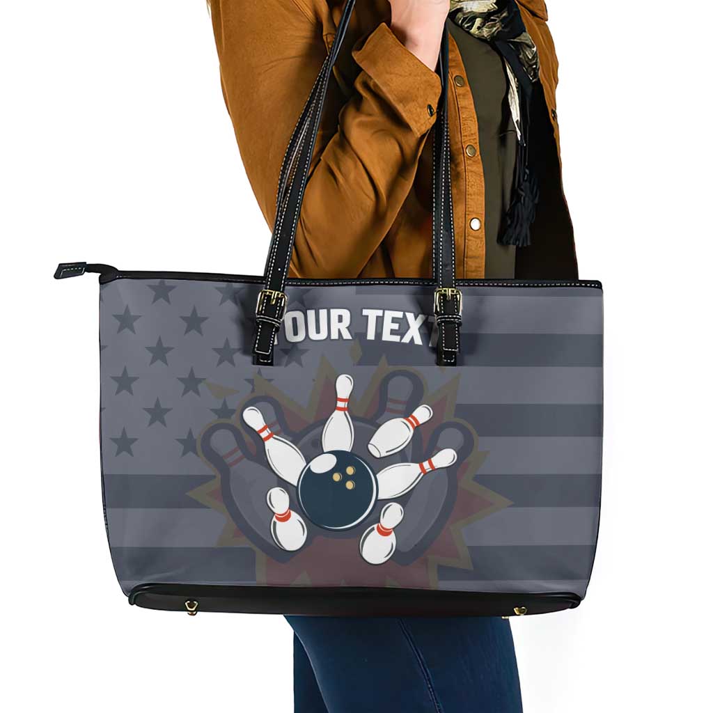 Custom Bowling Ball and Pins Leather Tote Bag American Flag Stars and Stripes in Grunge Patriotic - Wonder Print Shop