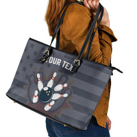 Custom Bowling Ball and Pins Leather Tote Bag American Flag Stars and Stripes in Grunge Patriotic - Wonder Print Shop
