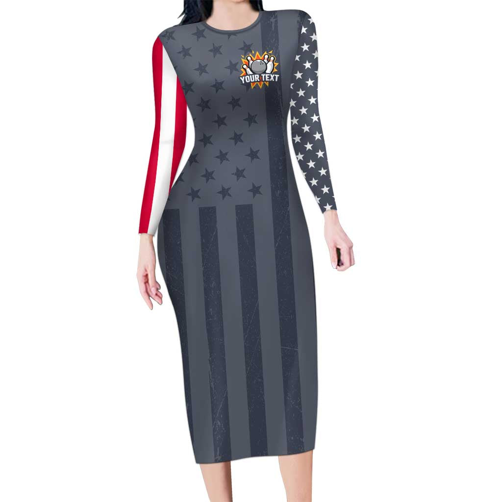 Custom Bowling Ball and Pins Long Sleeve Bodycon Dress American Flag Stars and Stripes in Grunge Patriotic - Wonder Print Shop