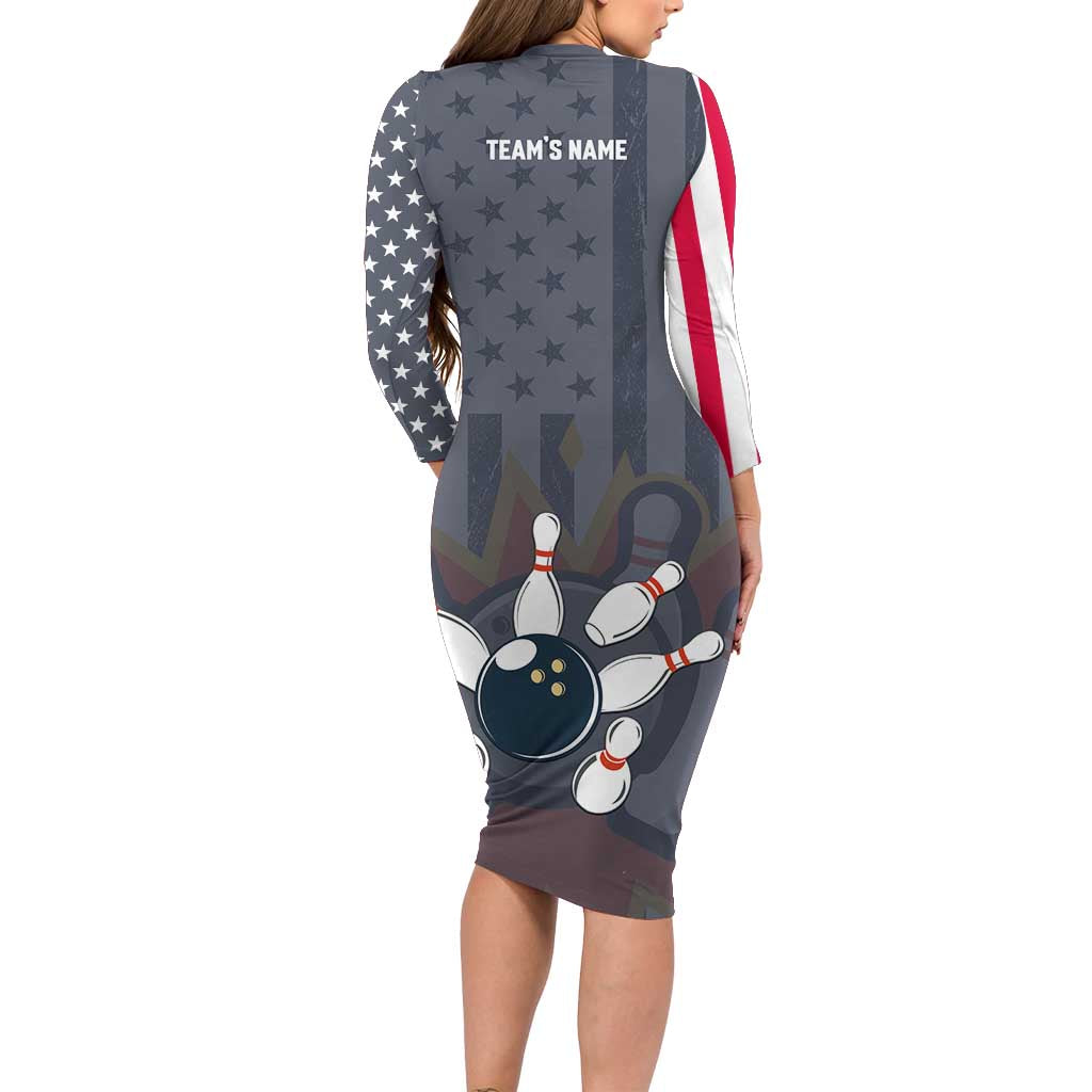 Custom Bowling Ball and Pins Long Sleeve Bodycon Dress American Flag Stars and Stripes in Grunge Patriotic - Wonder Print Shop