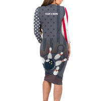 Custom Bowling Ball and Pins Long Sleeve Bodycon Dress American Flag Stars and Stripes in Grunge Patriotic - Wonder Print Shop