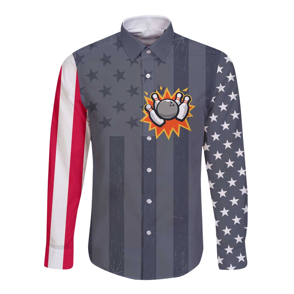 Custom Bowling Ball and Pins Long Sleeve Button Shirt American Flag Stars and Stripes in Grunge Patriotic - Wonder Print Shop