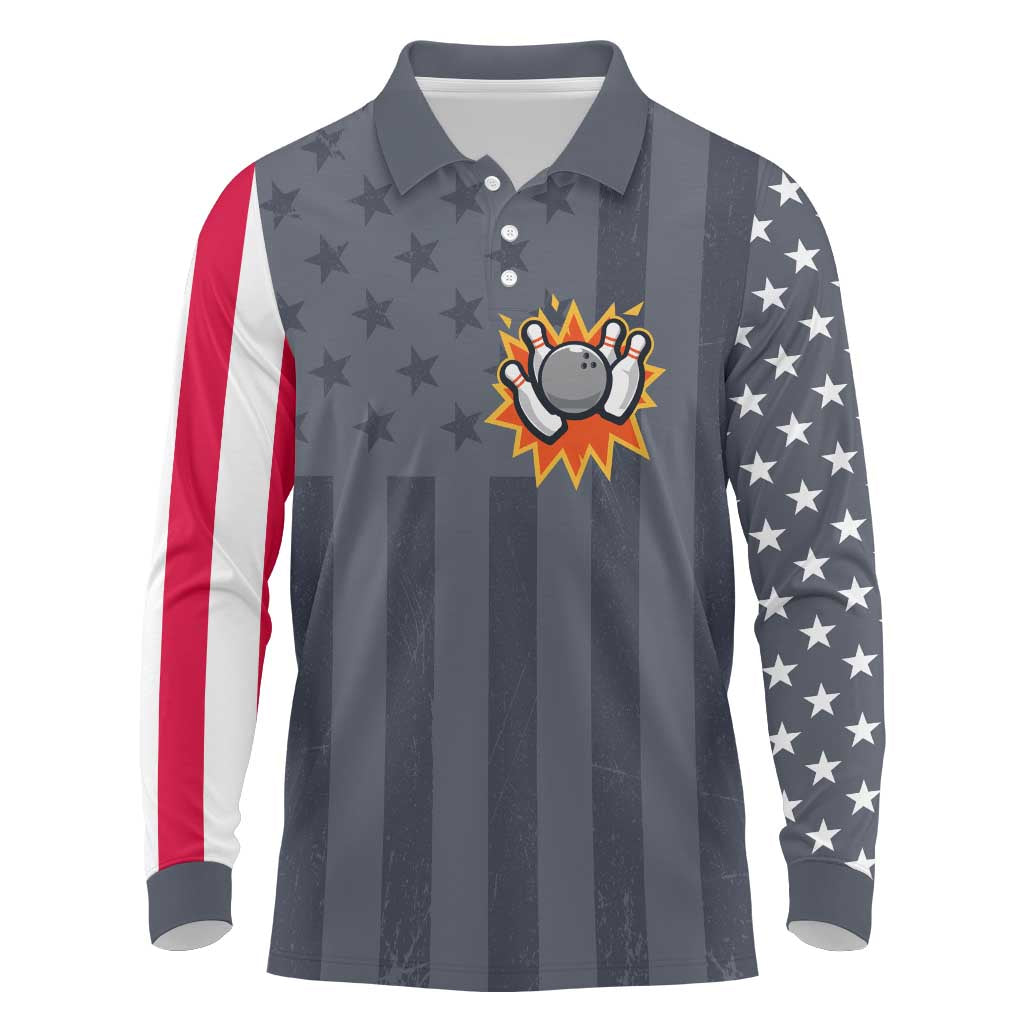 Custom Bowling Ball and Pins Long Sleeve Polo Shirt American Flag Stars and Stripes in Grunge Patriotic - Wonder Print Shop