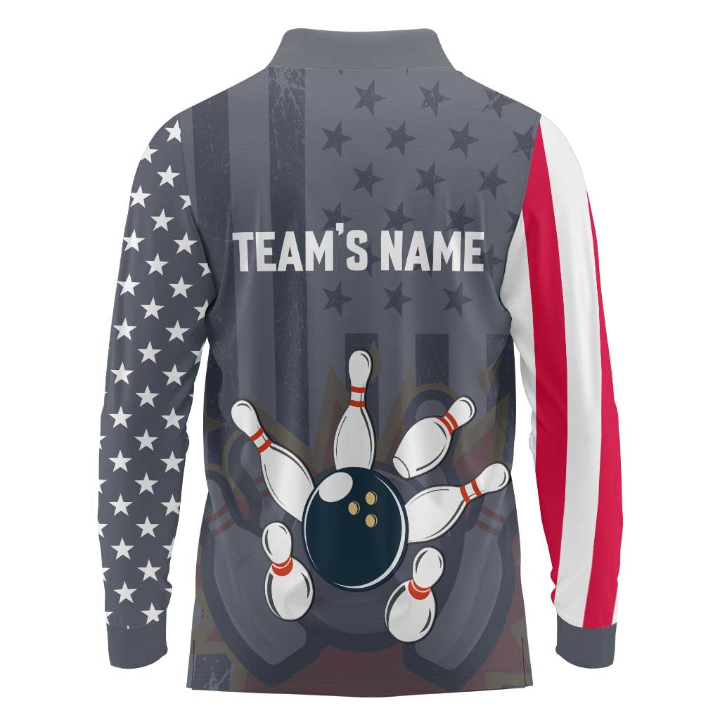 Custom Bowling Ball and Pins Long Sleeve Polo Shirt American Flag Stars and Stripes in Grunge Patriotic - Wonder Print Shop