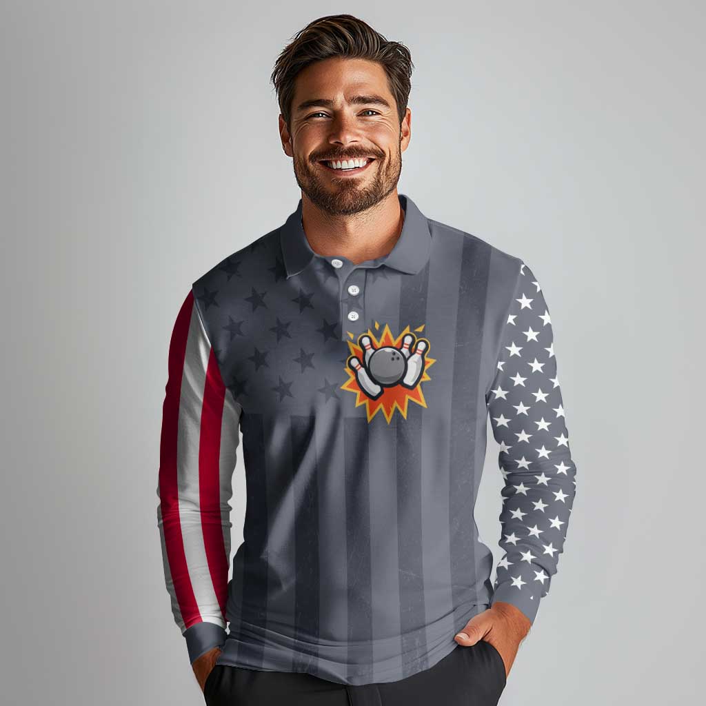 Custom Bowling Ball and Pins Long Sleeve Polo Shirt American Flag Stars and Stripes in Grunge Patriotic - Wonder Print Shop
