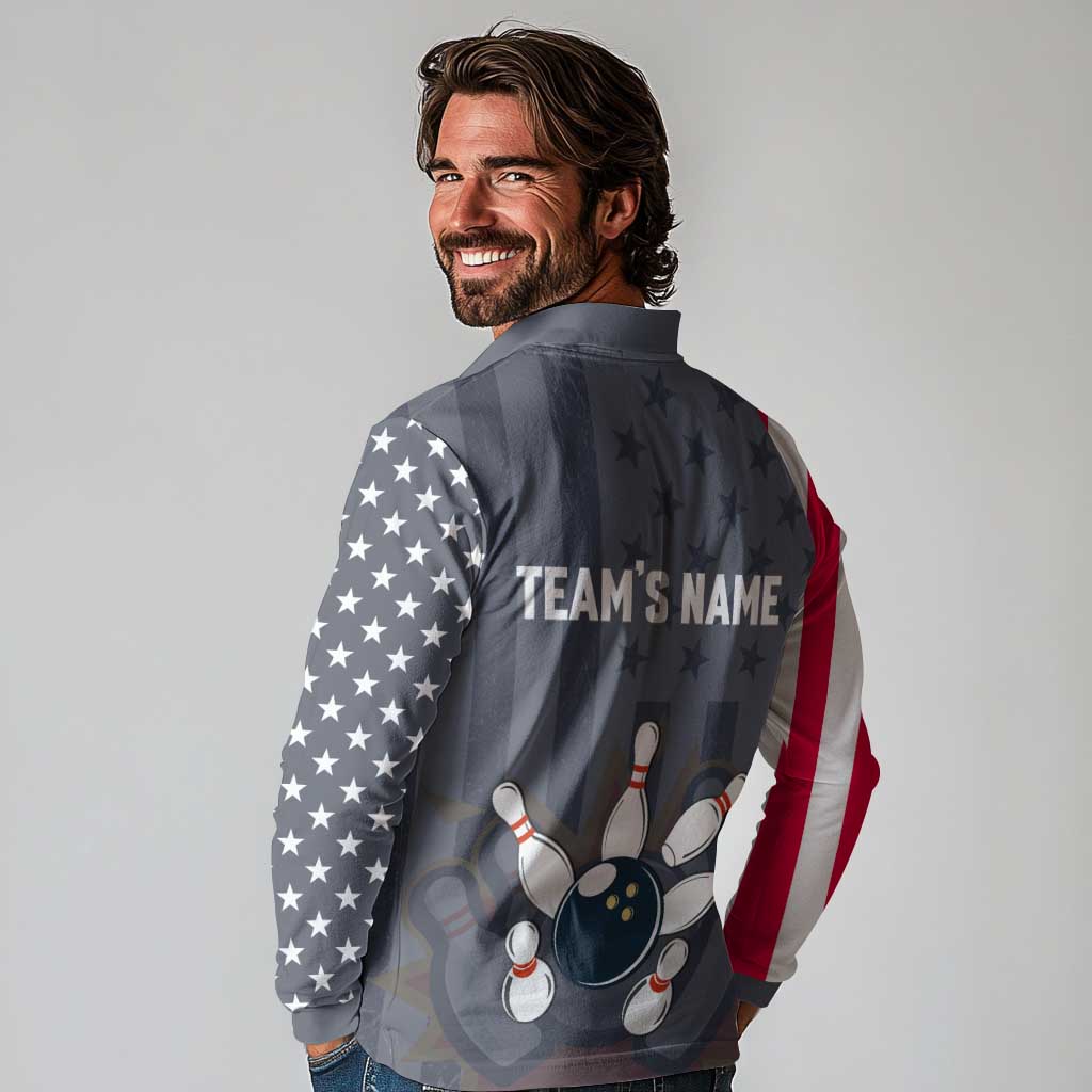Custom Bowling Ball and Pins Long Sleeve Polo Shirt American Flag Stars and Stripes in Grunge Patriotic - Wonder Print Shop