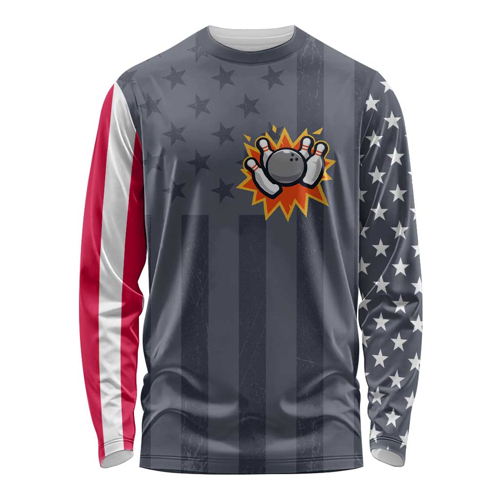 Custom Bowling Ball and Pins Long Sleeve Shirt American Flag Stars and Stripes in Grunge Patriotic - Wonder Print Shop