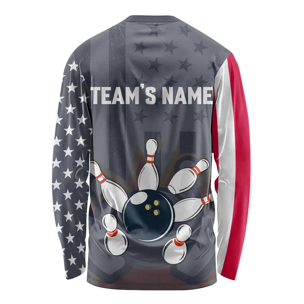 Custom Bowling Ball and Pins Long Sleeve Shirt American Flag Stars and Stripes in Grunge Patriotic - Wonder Print Shop