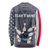 Custom Bowling Ball and Pins Long Sleeve Shirt American Flag Stars and Stripes in Grunge Patriotic - Wonder Print Shop