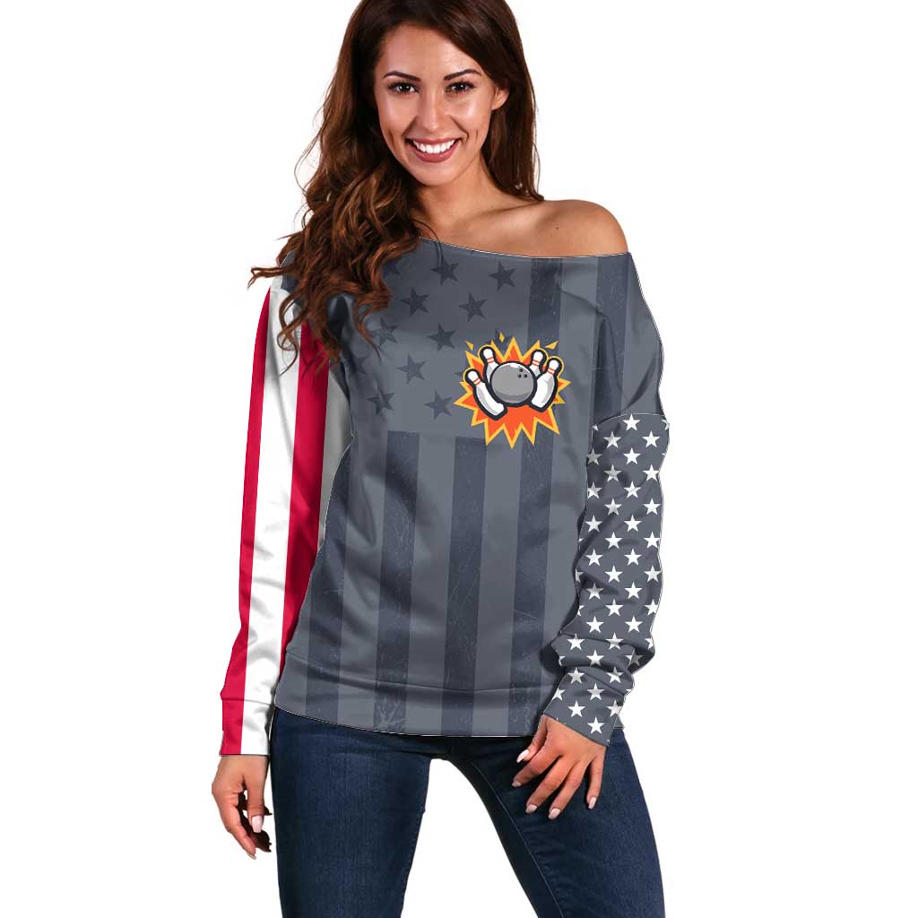 Custom Bowling Ball and Pins Off Shoulder Sweater American Flag Stars and Stripes in Grunge Patriotic - Wonder Print Shop